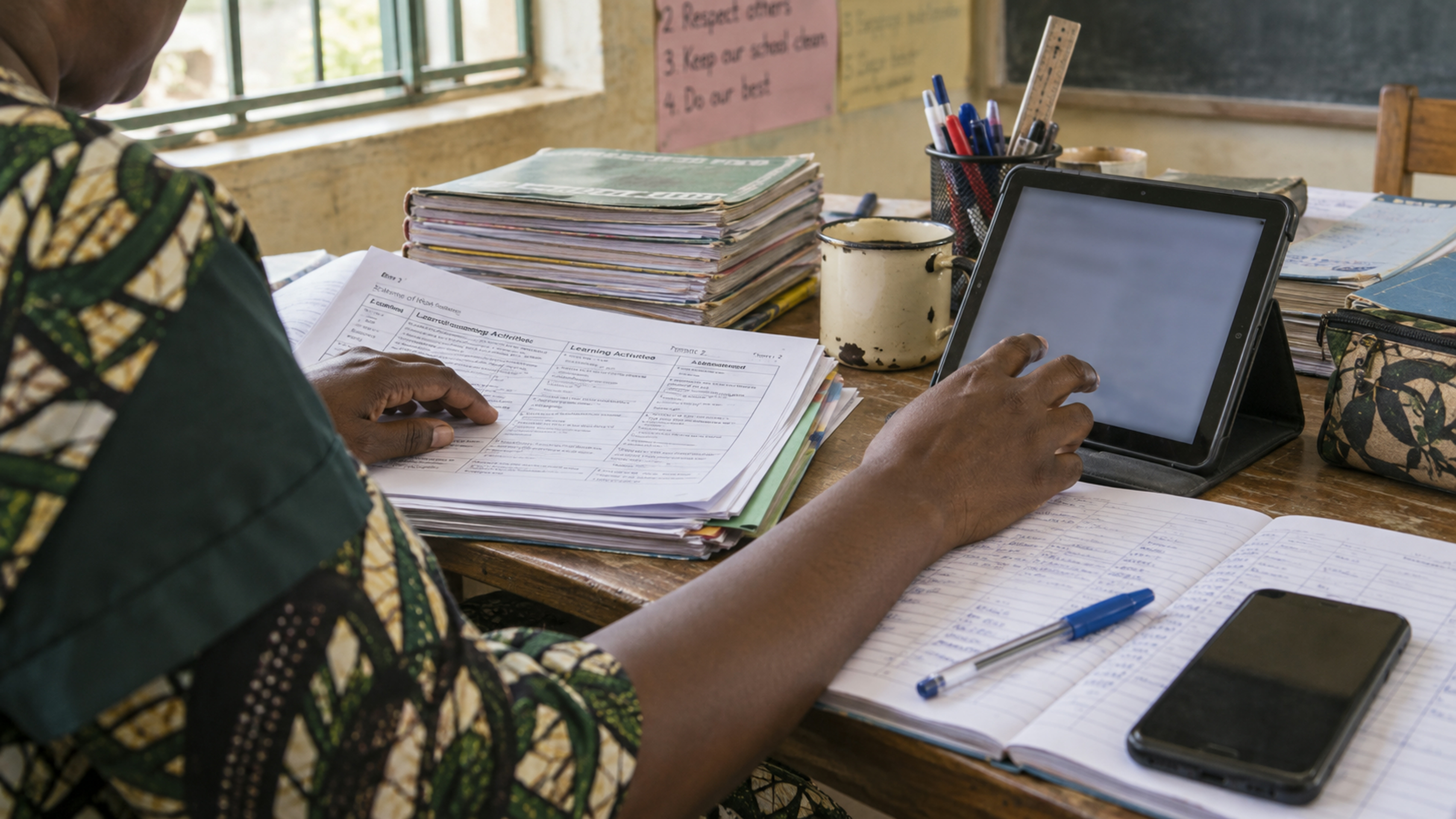 A woman’s hands on a tablet and a printed scheme, weekday clutter.