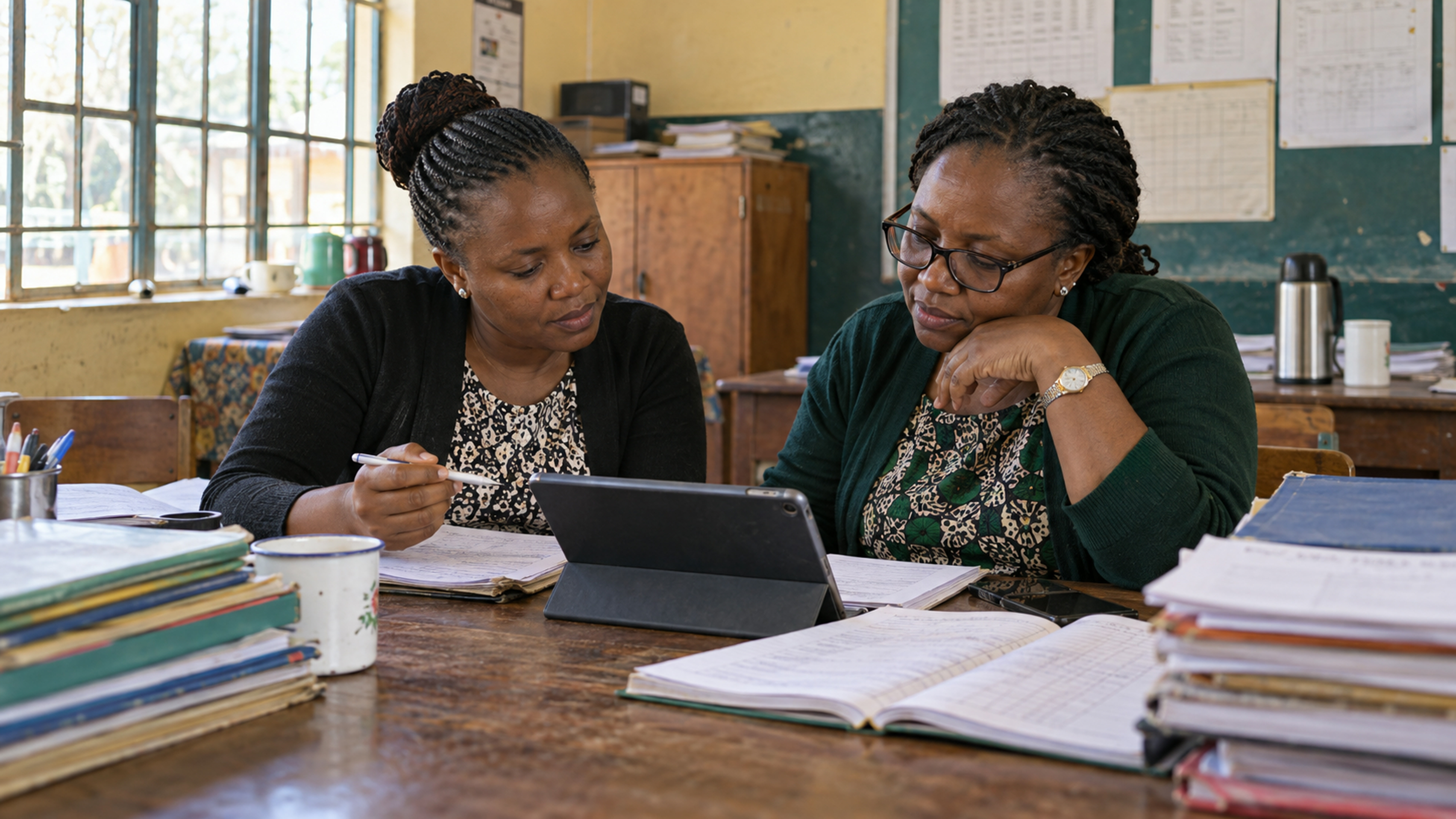 Two adult Kenyan women teachers planning together.