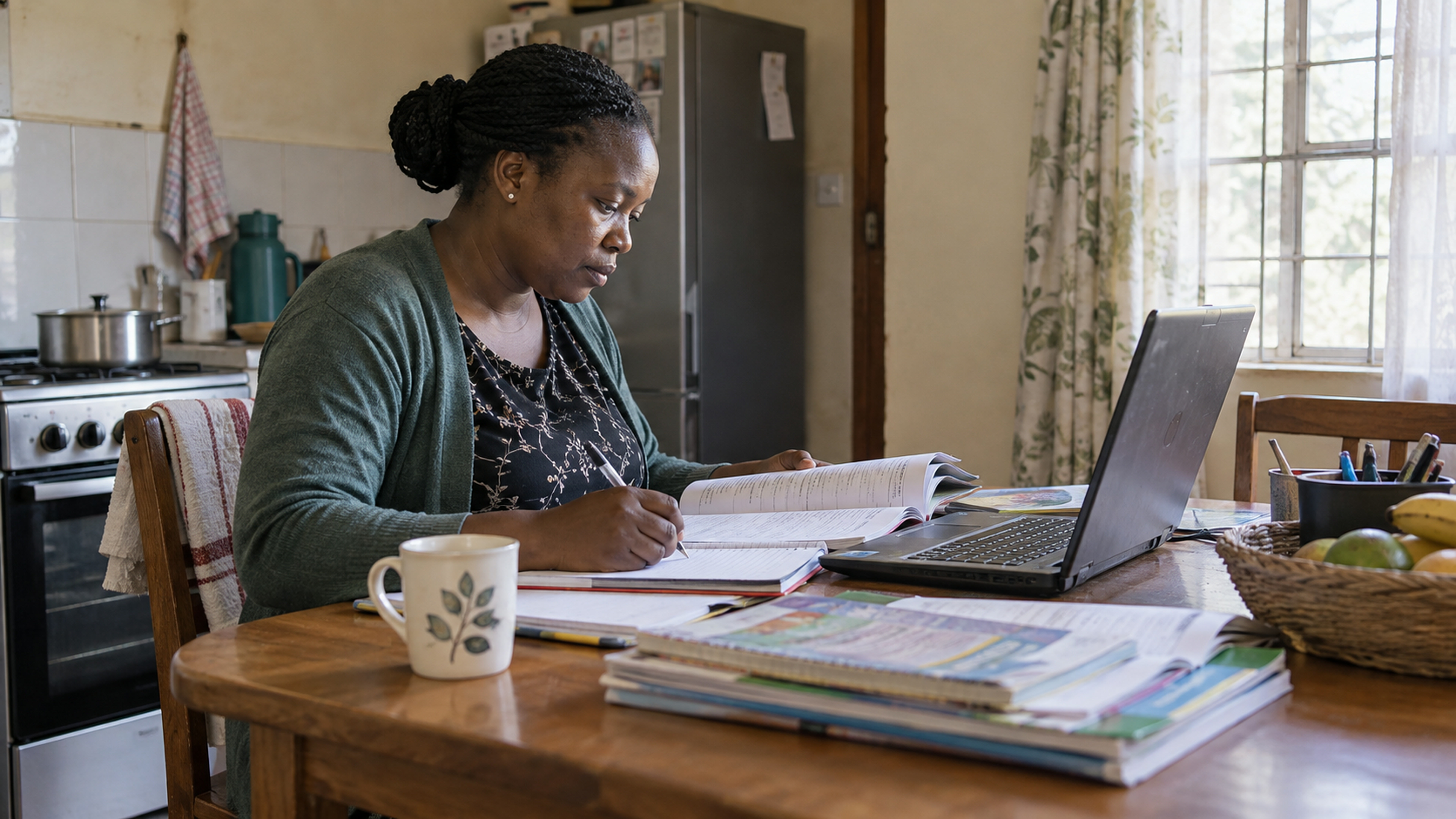 An adult teaching from a kitchen table with books and a laptop.