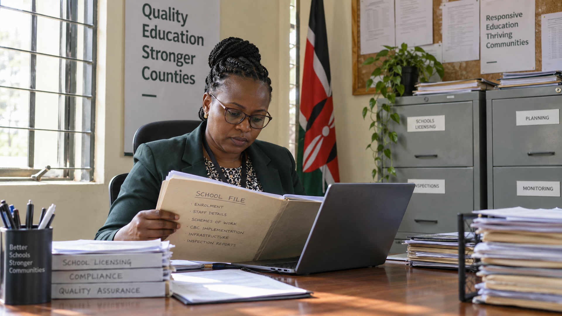 An education officer reviews school documents on a laptop in a county office.