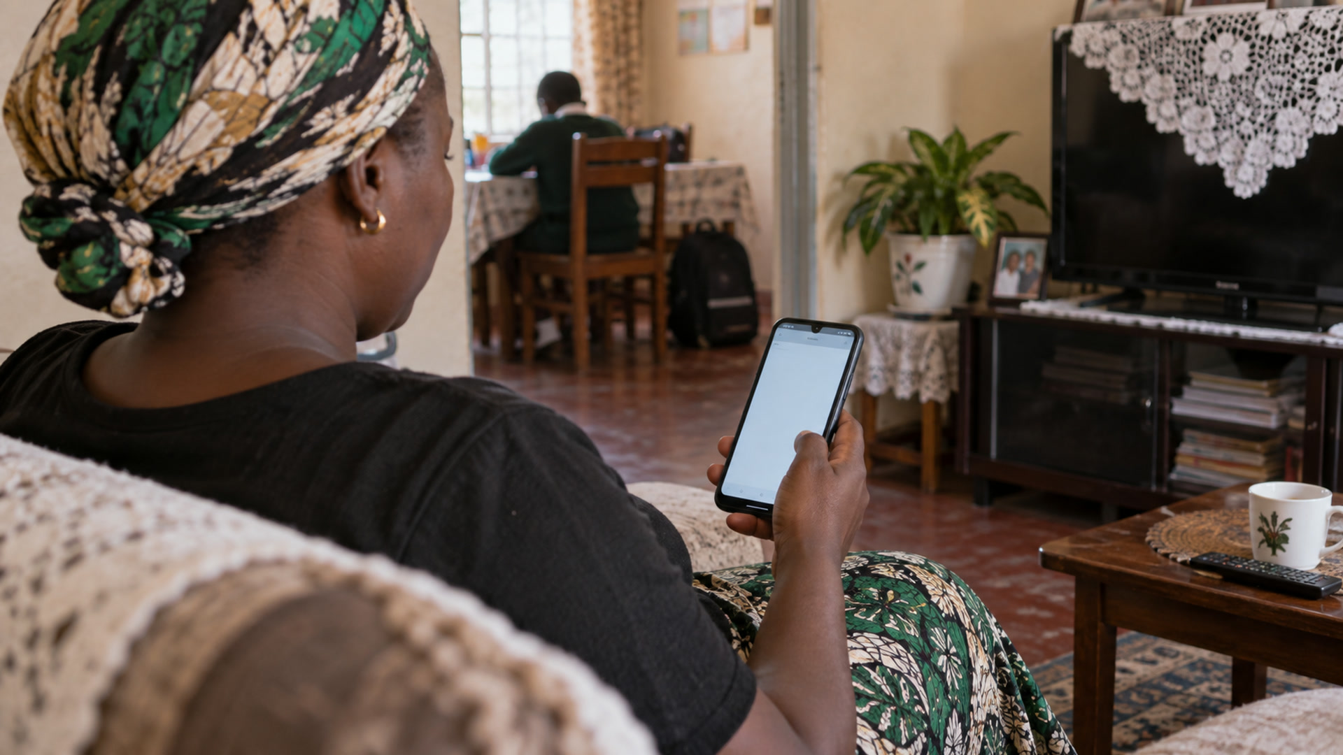 A parent reads a weekly progress update on a phone on a sofa.
