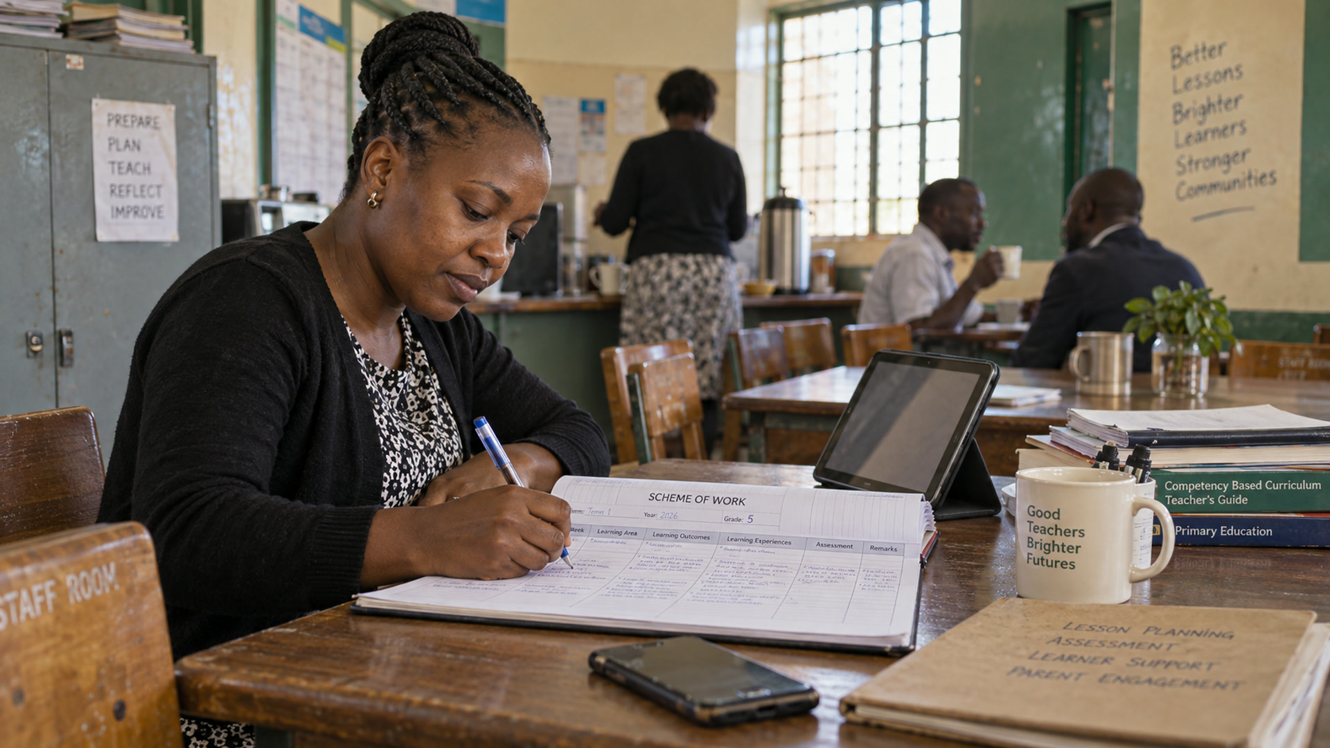 A teacher writes into a scheme of work at a staffroom table before school.