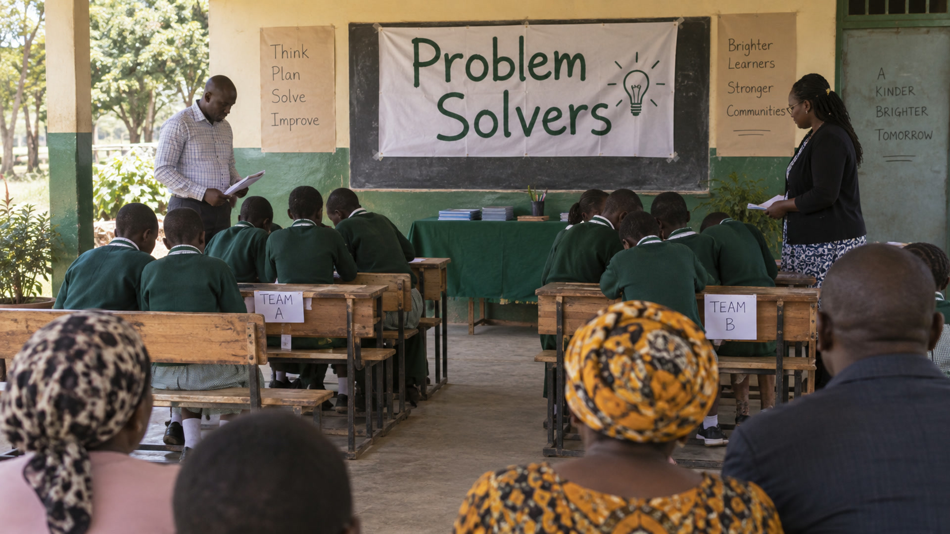 A modest school contest with learners at benches and teachers looking on.