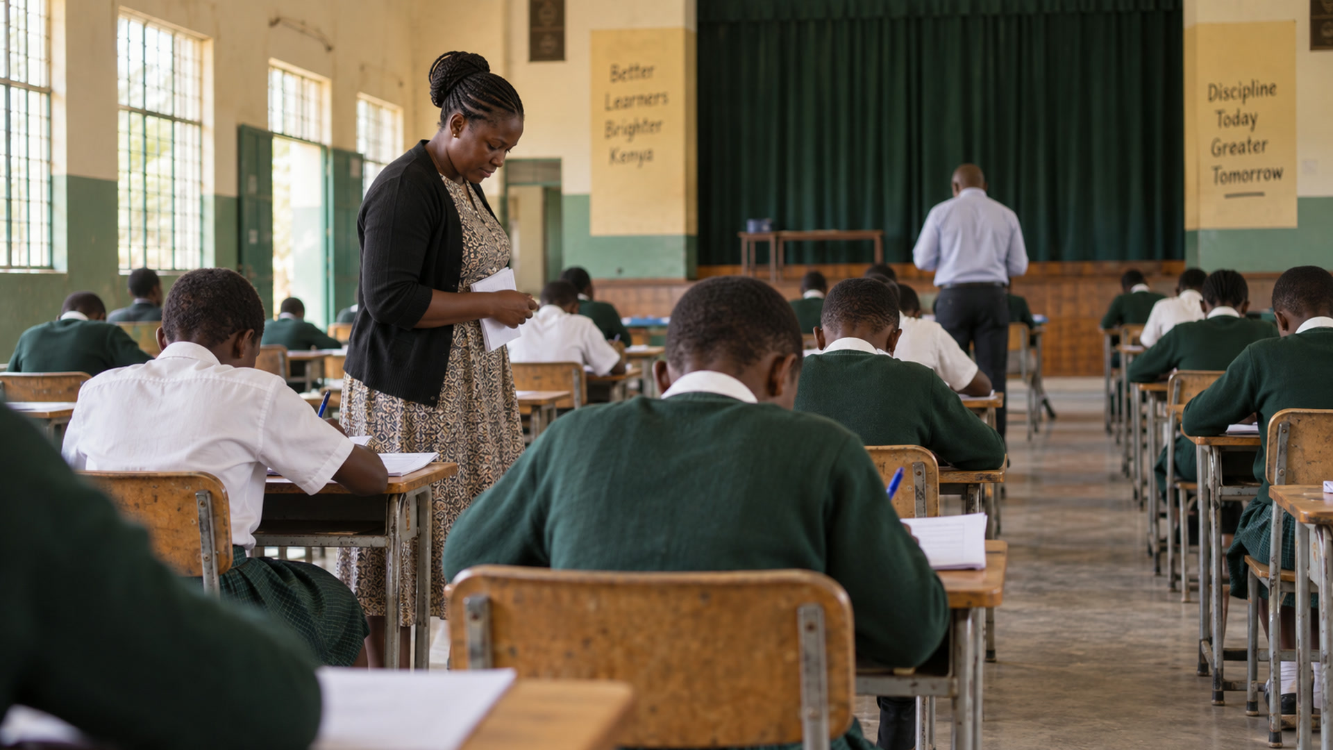 Learners working through a PSL termly assessment in a school hall.
