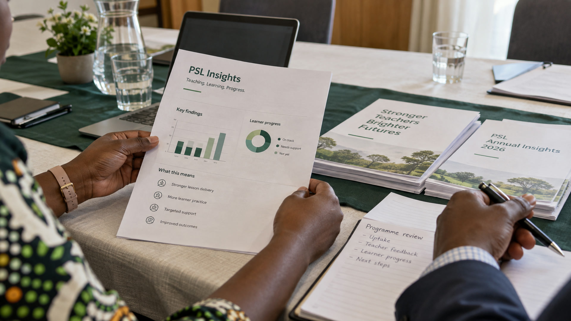 Printed insight reports on a table at a programme review.