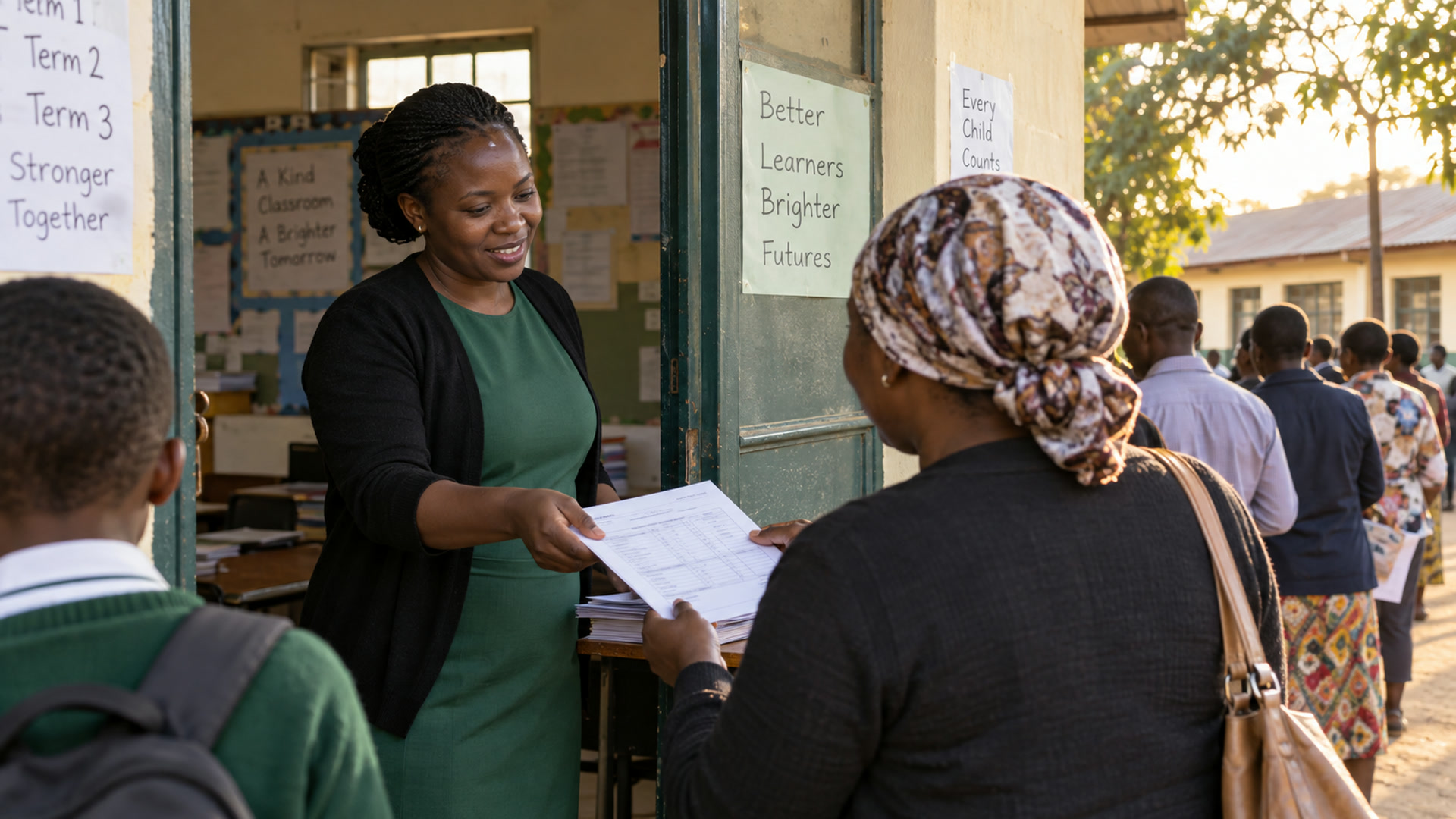 A parent receives a printed digital report form at the classroom door.