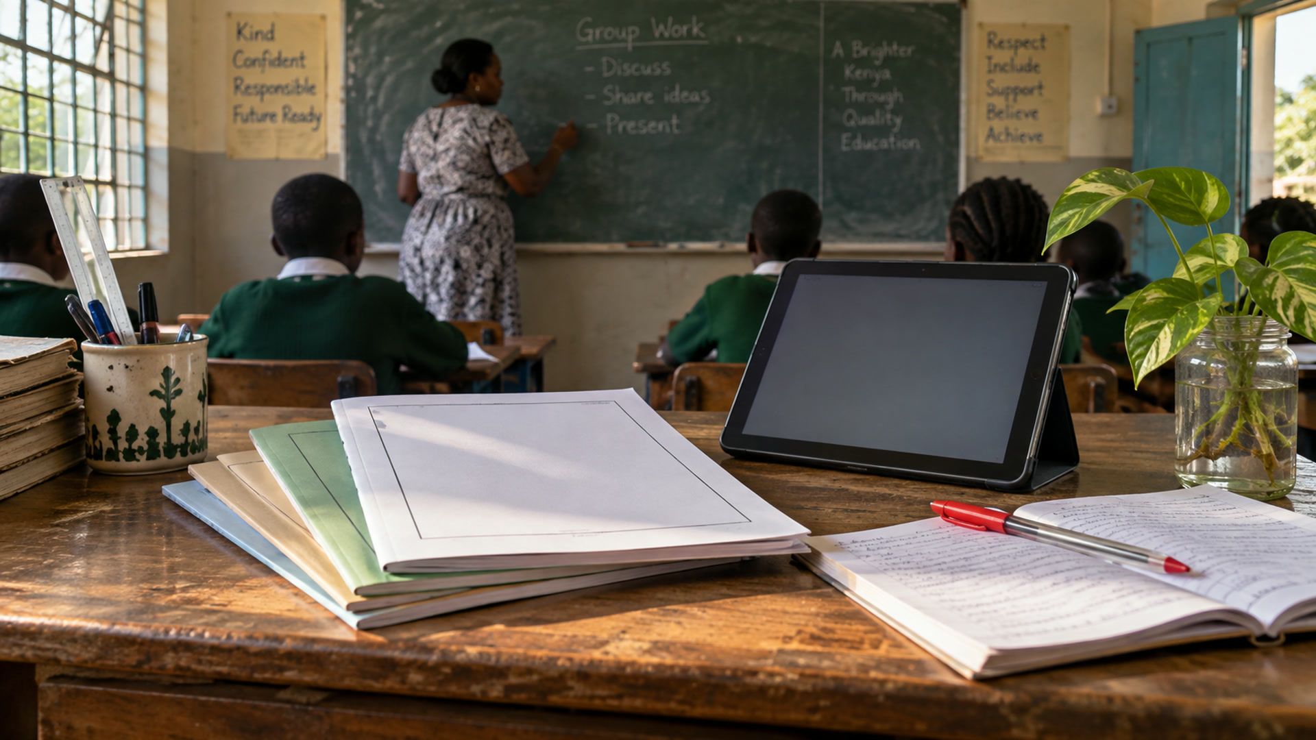 Printed classroom guides and a tablet on a teacher’s desk.