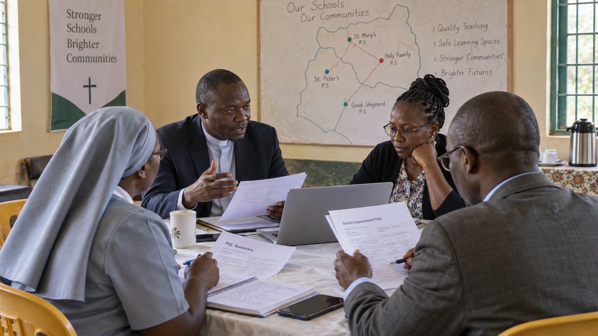 A network lead sits with three head teachers at a simple conference table.