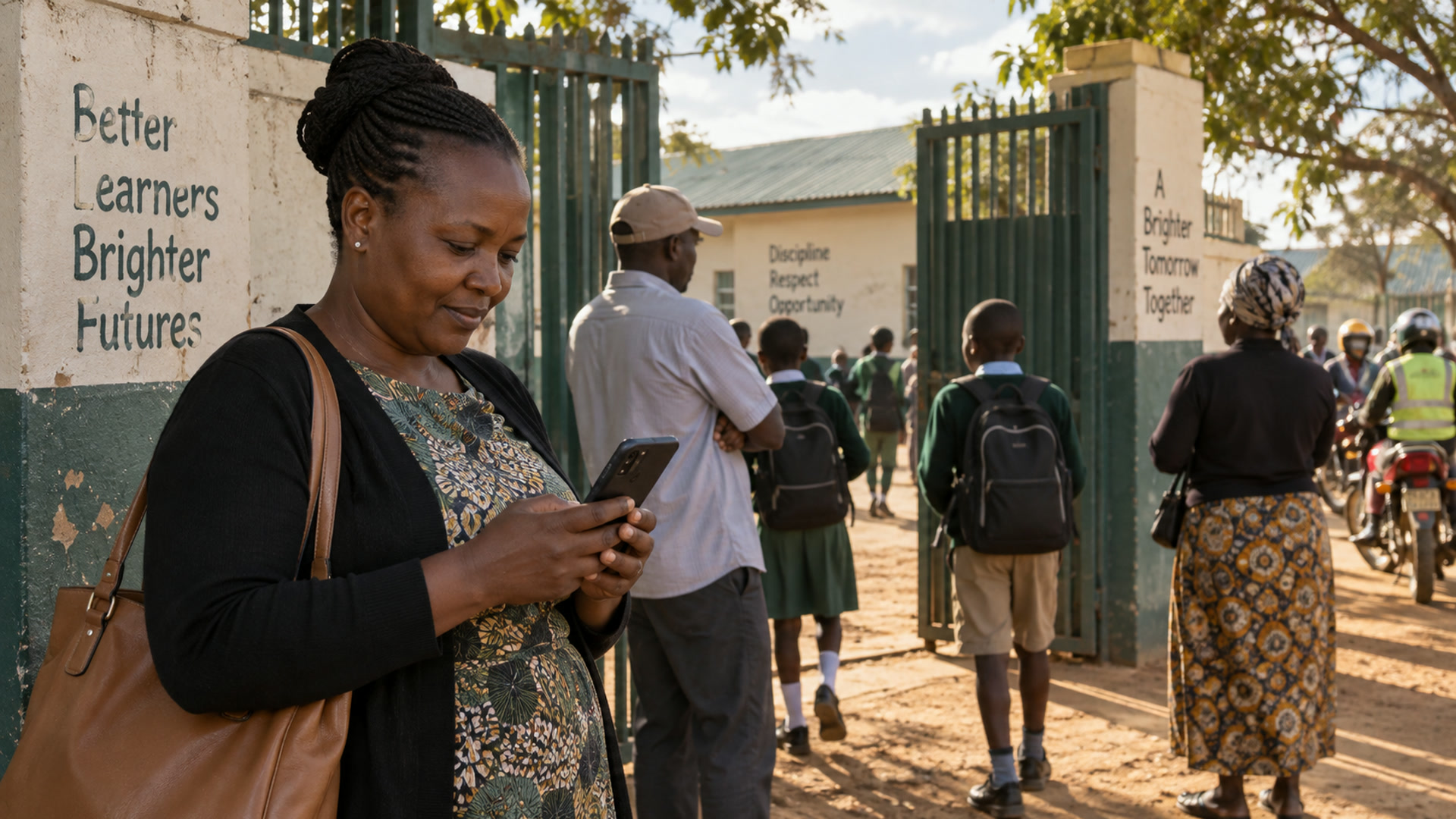 A parent waits at the school gate looking at a phone.