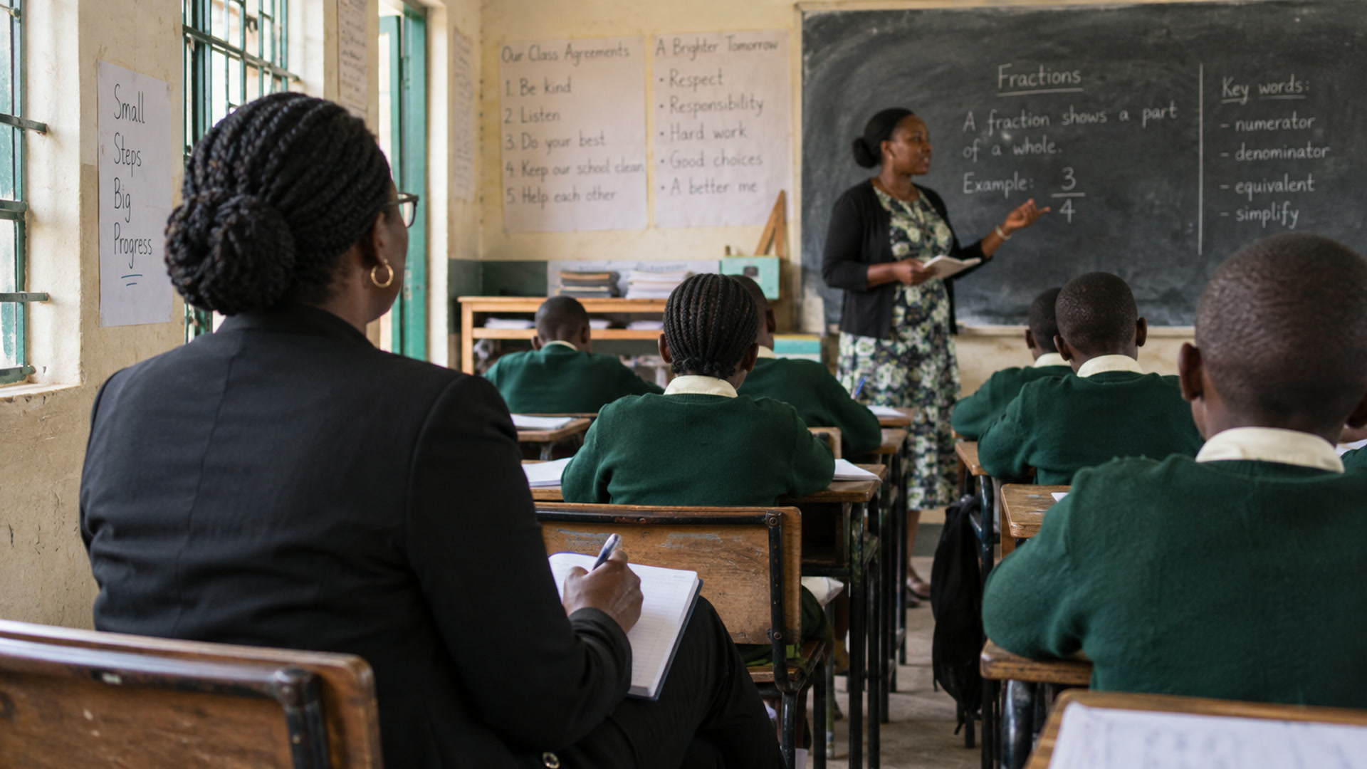 A partner sits at the back of a live lesson, observing teaching rather than running a separate tent.