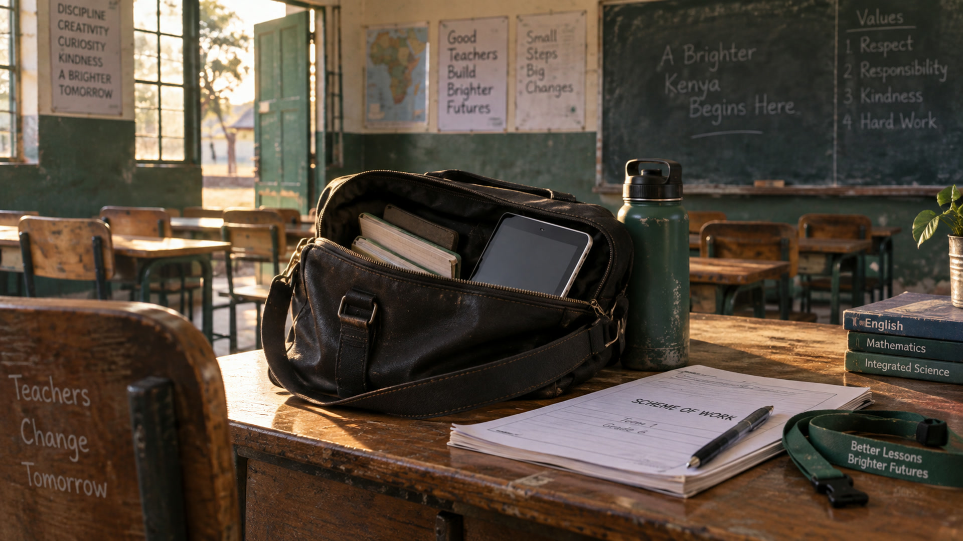 A teacher’s bag open on a desk, lighter because the register and plans live in Workspace.