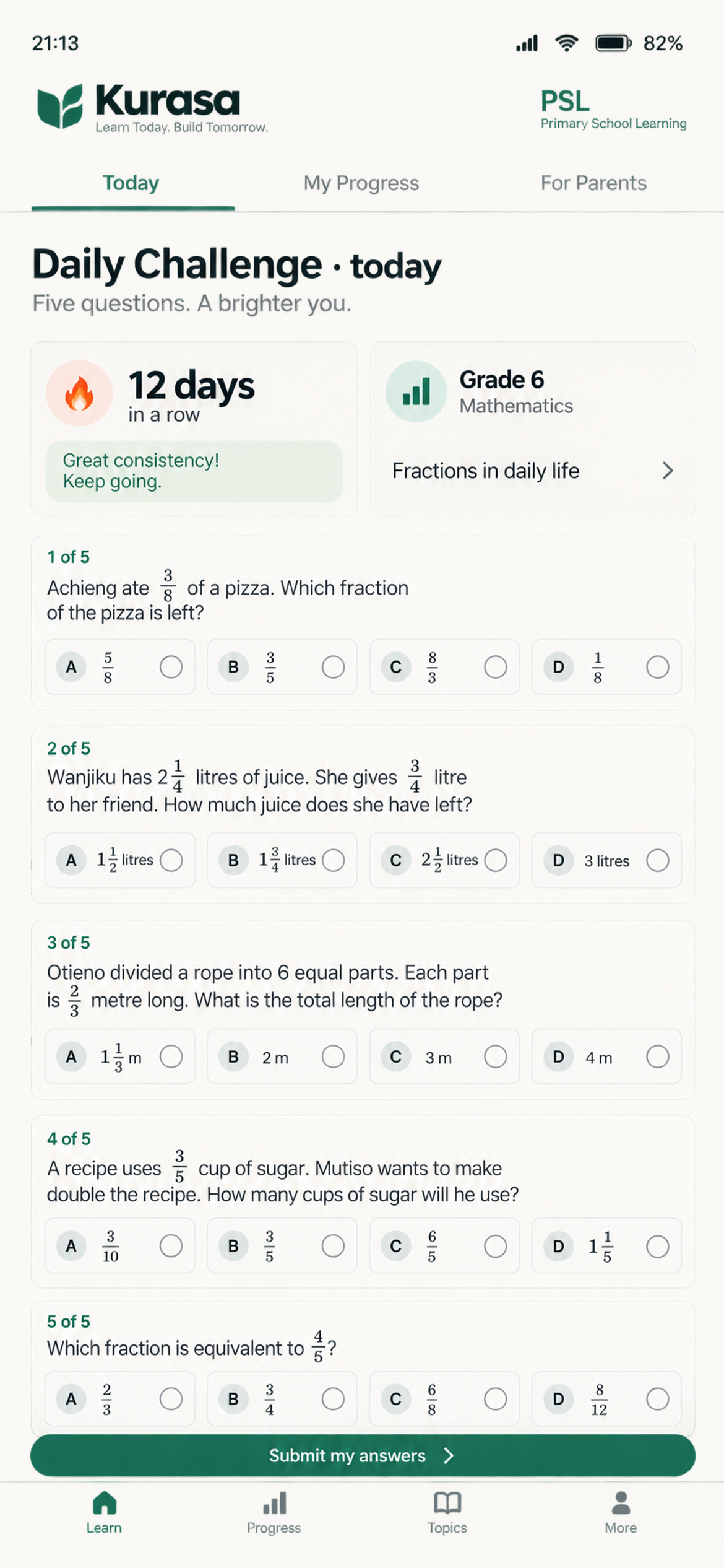 Mobile screen with five CBC questions and a streak of days practised.