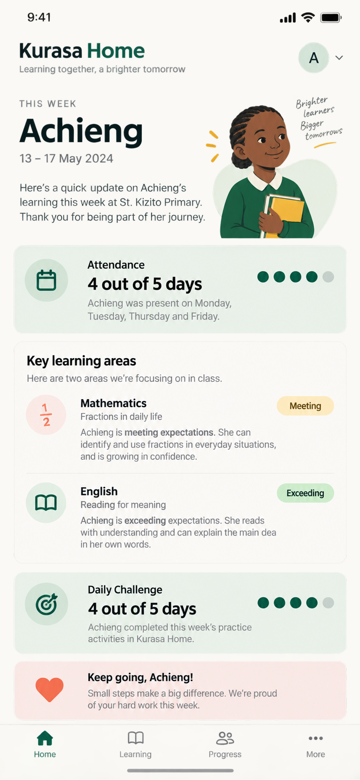 Parent app showing attendance, two competencies, and Daily Challenge this week.