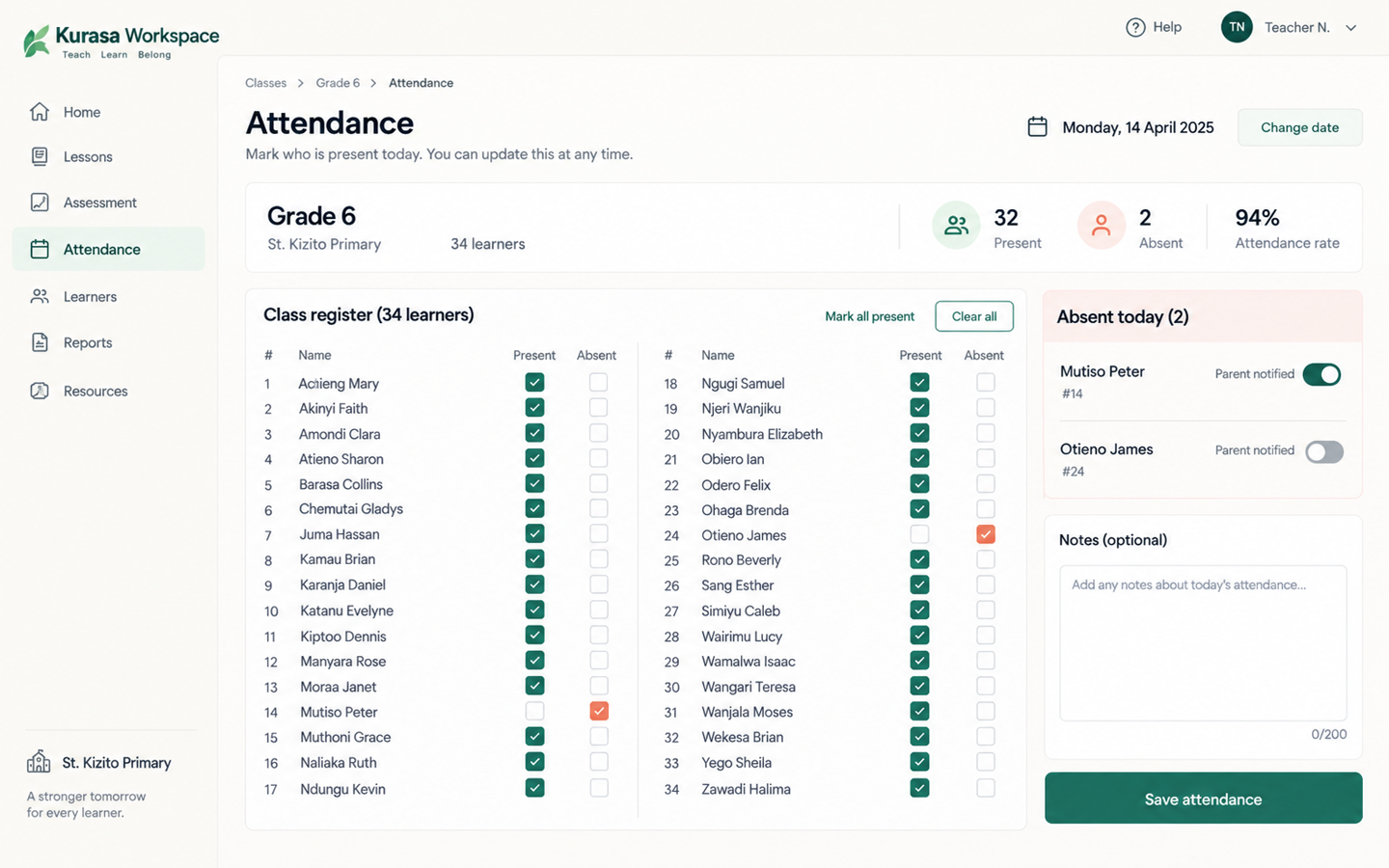 Daily attendance register for a Grade 6 class, 32 of 34 present.