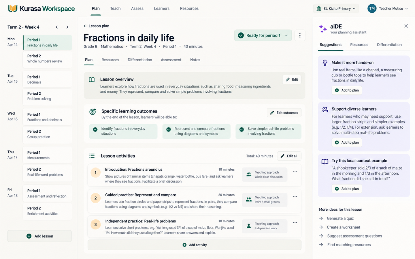 Kurasa Workspace lesson plan for Grade 6 Mathematics, Fractions in daily life.
