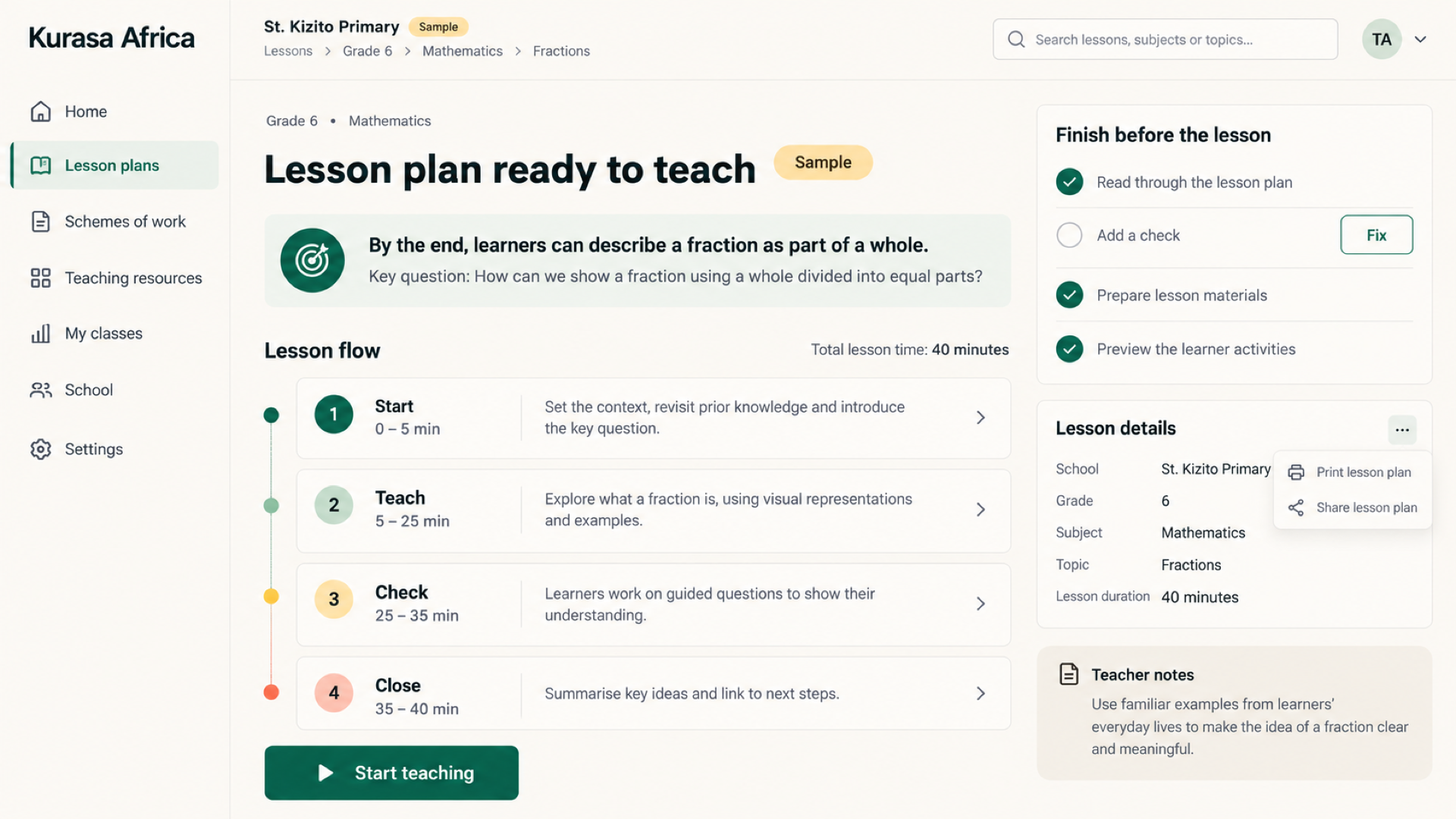 A lesson plan open before class, with outcomes, timed steps, and a start-teaching button.