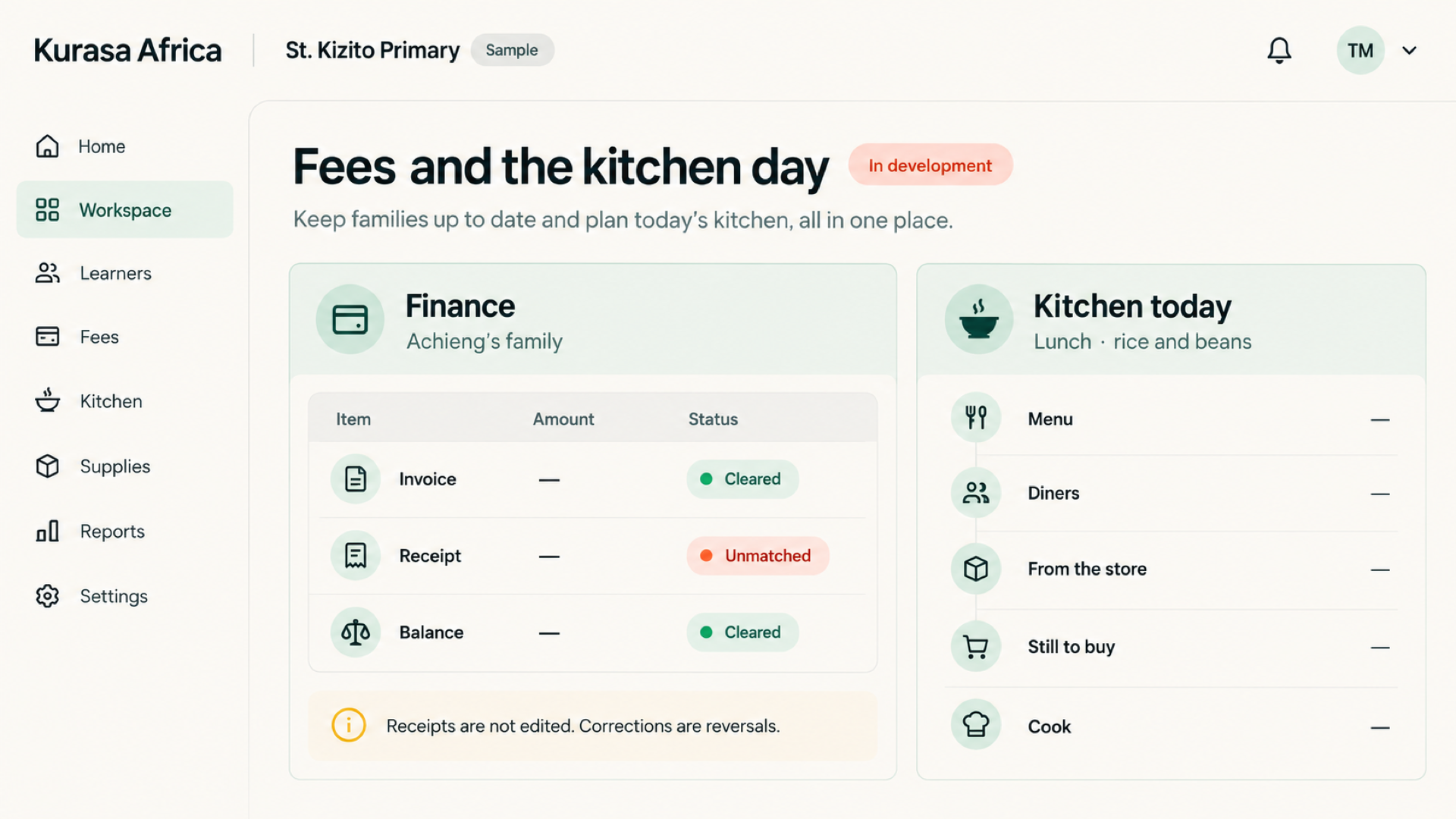 A sample workspace view of school fees and today’s kitchen, marked in development, with no prices.