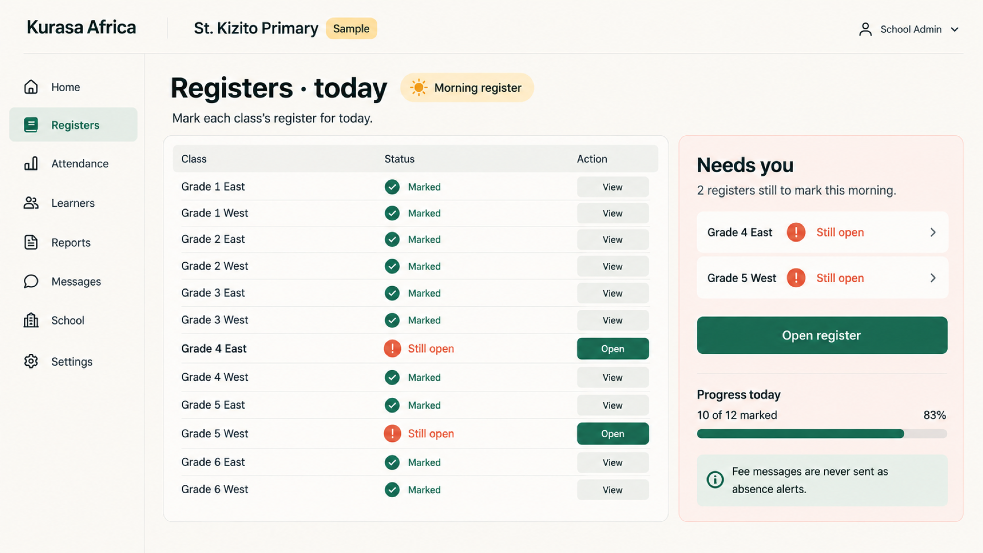A school view of class registers, with two classes still unmarked this morning.