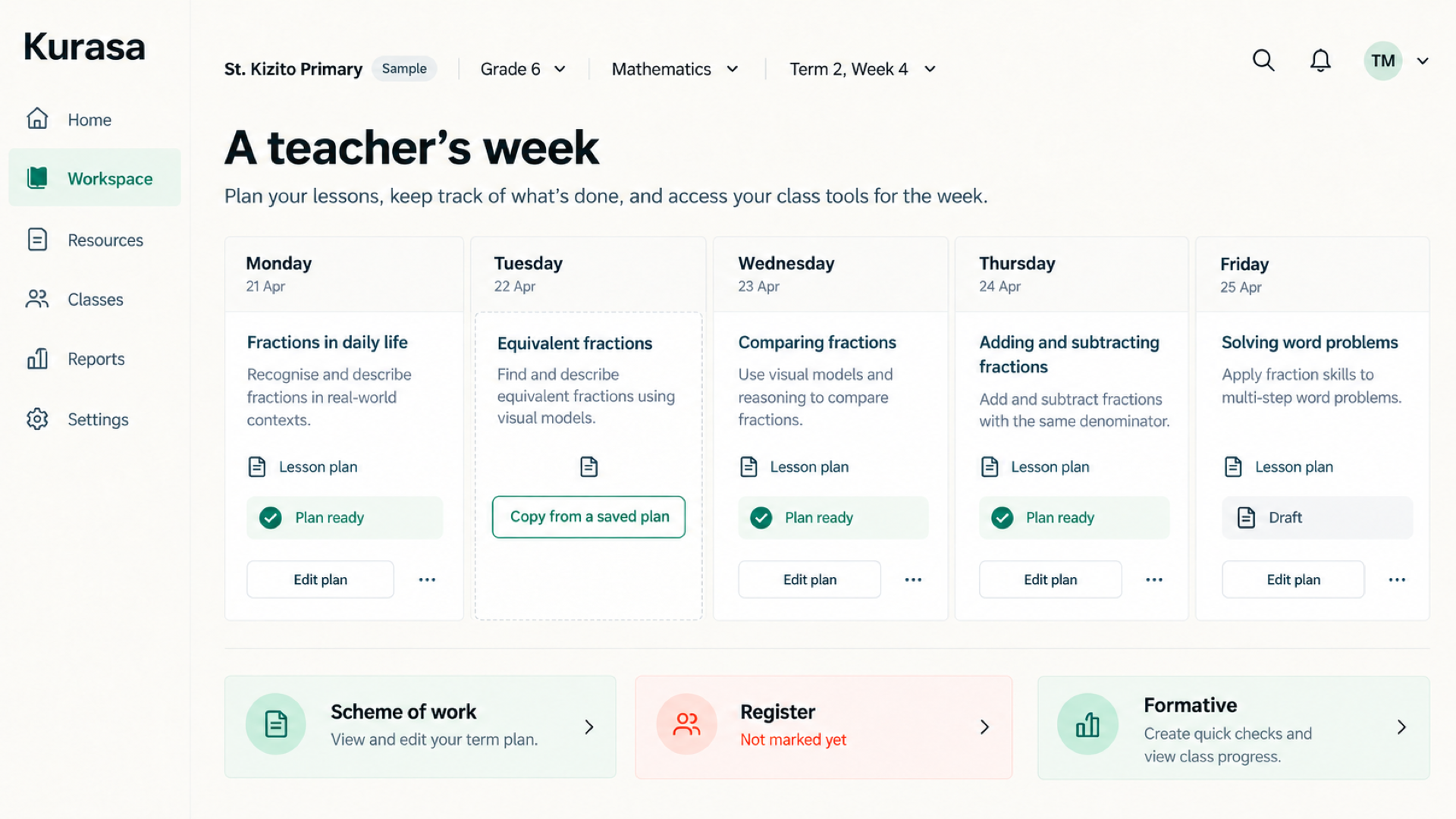 A teacher’s week in Kurasa Workspace, with schemes, lesson plans and the class register on one screen.