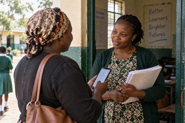 A parent and teacher speak at the classroom door while a phone shows the weekly update.