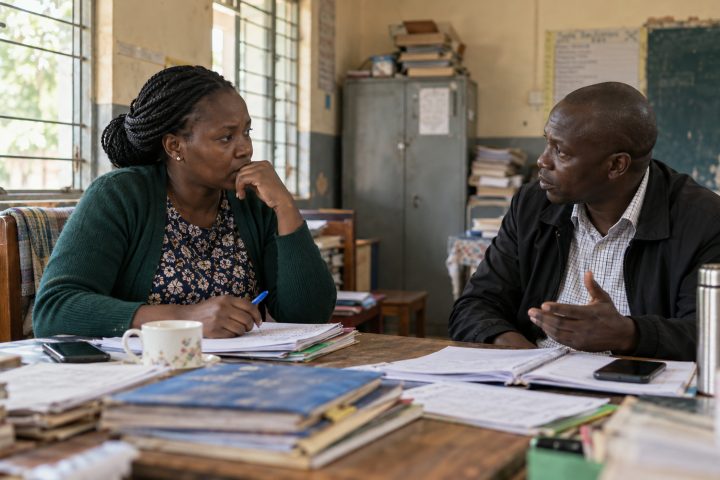 Two teachers talking in a staffroom, not smiling for a camera.