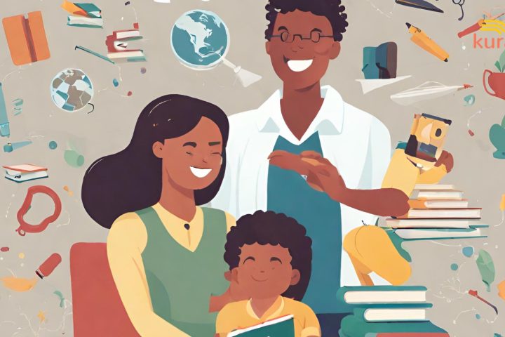 A parent and teacher speak at the door while a phone shows a weekly update.